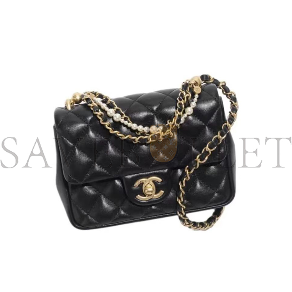 CHANEL MASTER 24P MINI PEARL CHAIN FLAP BAG BLACK AS4385 (17*12.5*5cm)